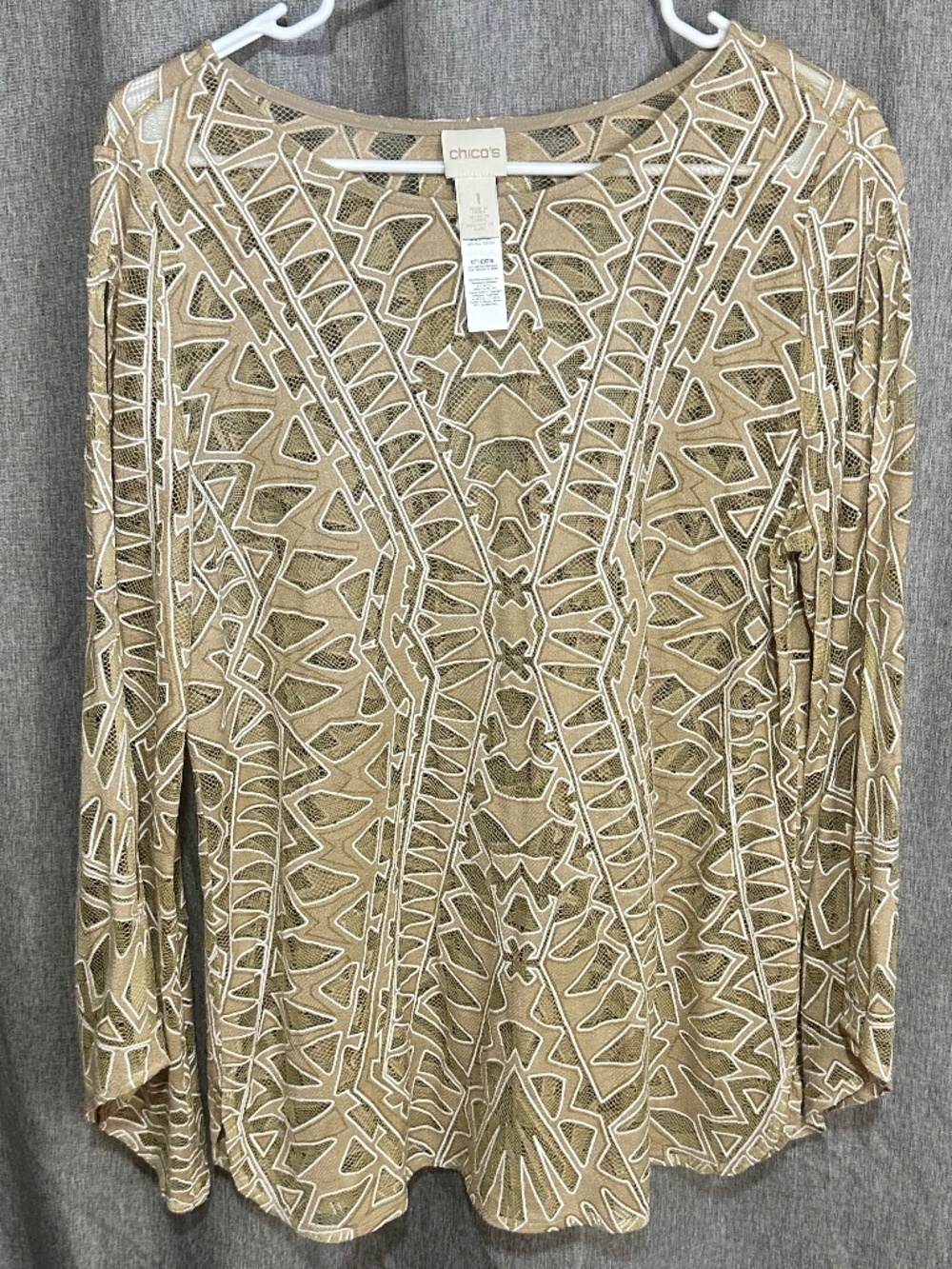 Chico’s Tan Geometric Lace Long Sleeve Top Blouse - Size 1 / Medium